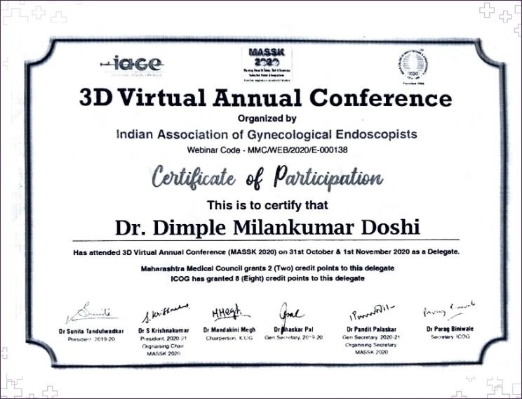 Dr. Dimple Doshi certificate of participation as delegate at 3D Virtual Annual Conference MASSK organized by Indian Association of Gynecological Endoscopists, 2020