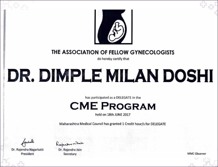 Dr. Dimple Doshi certificate of participation as delegate at CME Program by Association of Fellow Gynecologists, June 2017