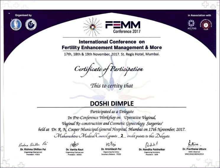 Dr. Dimple Doshi certificate of participation as delegate at FEMM International Conference on Fertility Enhancement Management, Mumbai 2017