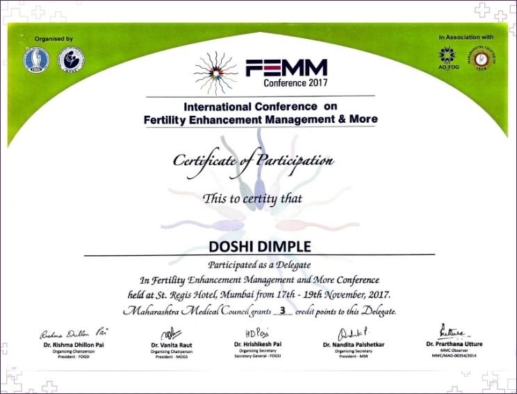 Dr. Dimple Doshi certificate of participation as delegate at FEMM International Conference on Fertility Enhancement Management and More, Mumbai 2017