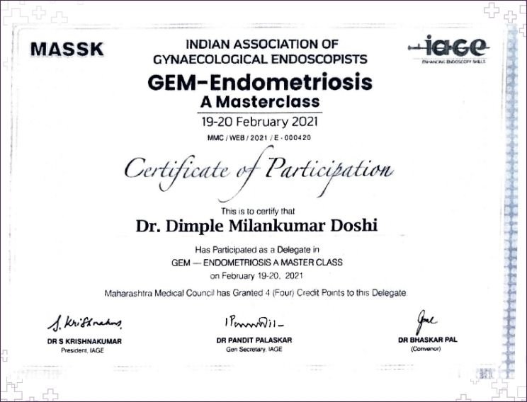 Dr. Dimple Doshi certificate of participation as delegate at GEM Endometriosis Masterclass organized by Indian Association of Gynecological Endoscopists, February 2021