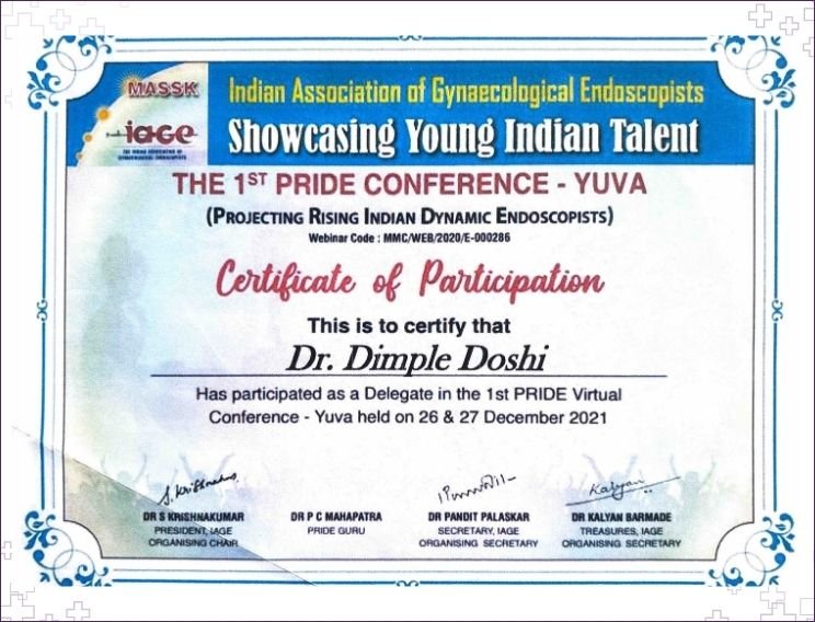 Dr. Dimple Doshi certificate of participation as delegate at IAGE 1st PRIDE Conference Yuva Virtual, December 2021