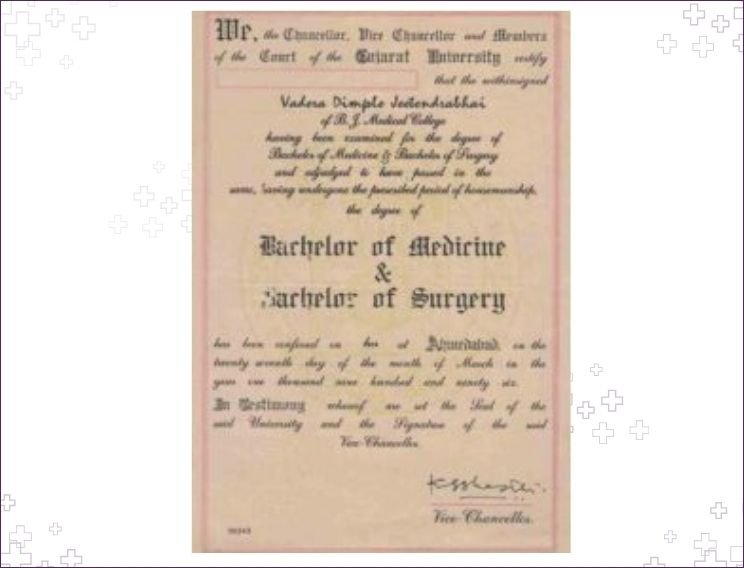 Dr. Dimple Doshi MBBS degree certificate awarded by Gujarat University in 1996