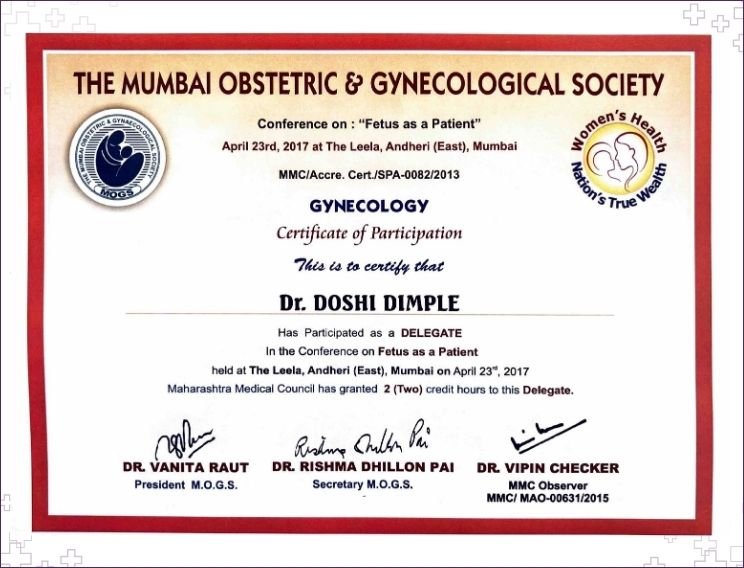 Dr. Dimple Doshi certificate of participation as delegate at MOGS Conference on Fetus as a Patient, The Leela Mumbai 2017