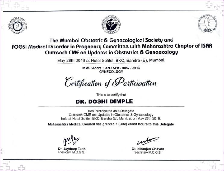 Dr. Dimple Doshi certificate of participation as delegate at MOGS and FOGSI CME on Updates in Obstetrics and Gynecology, Hotel Sofitel Mumbai 2019
